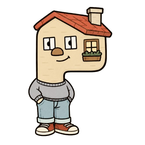 Ponshouse — a smiling house character in a sweater and sneakers